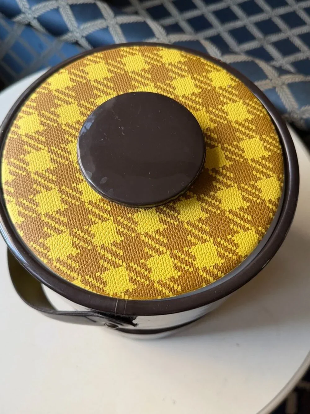 Vintage Retro brown & yellow houndstooth plaid mid century modern ice bucket